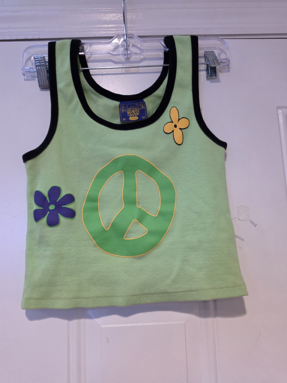 Coney Island Picnic Green Peace Sign Tank Top with Flower Accents